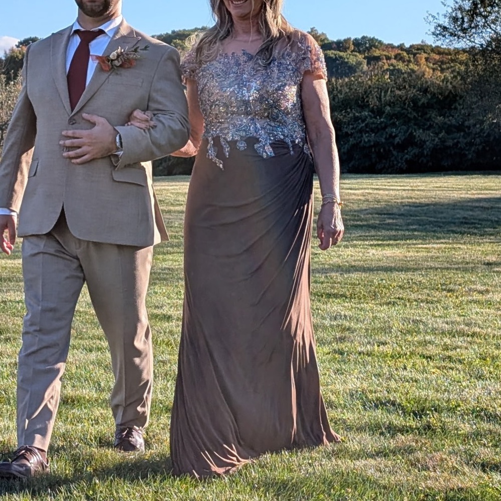 Mac Duggal Jersey Gown With Crystal Applique Sheer Bodice size 10 brown - Picture 5 of 6